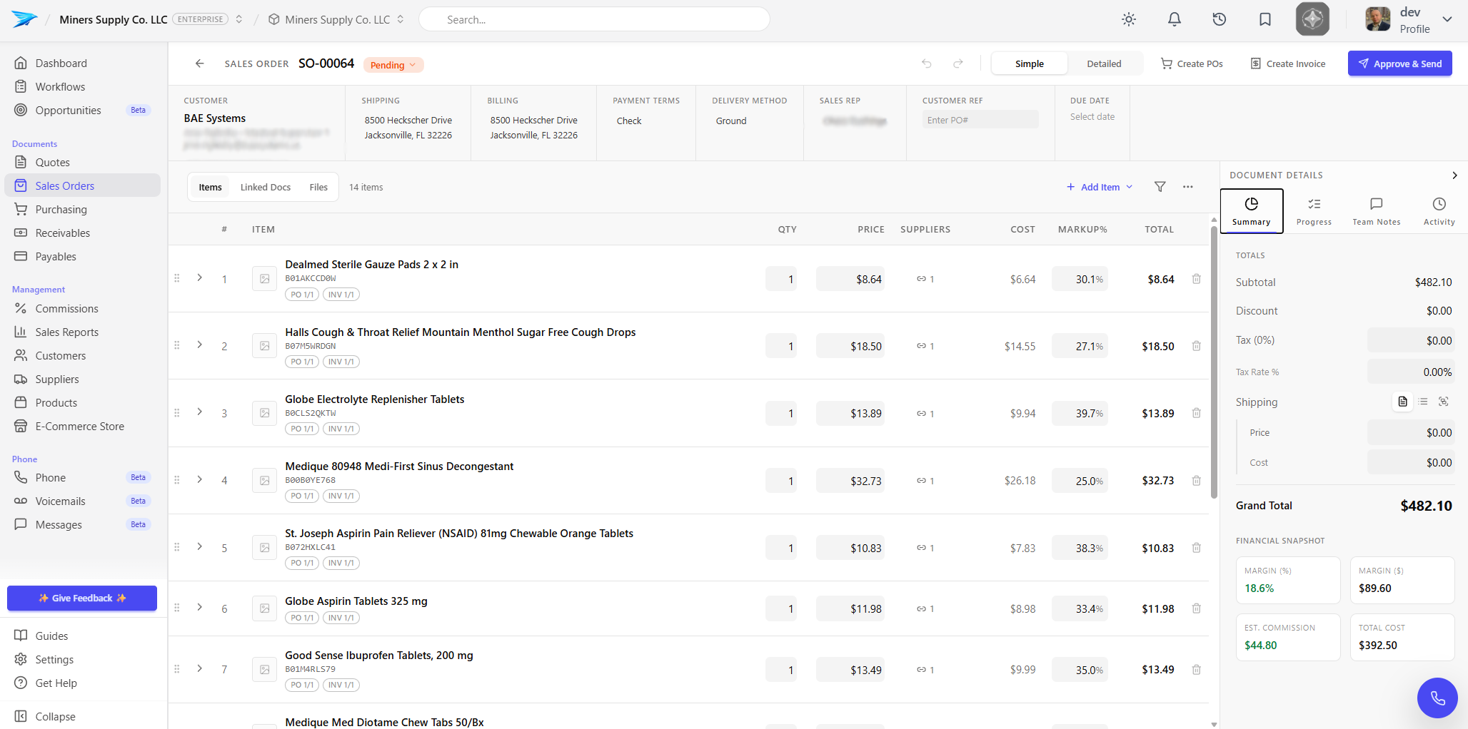 Reyvn quote and order management screen